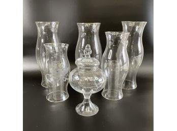 Five Glass Hurricanes And  Glass Lidded Pedestal Bowl
