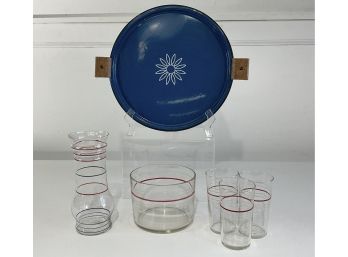 Vintage Enamel Tray With MCM Glasses & Ice Bucket