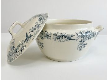Antique Longwy Rondstadt China Blue Transferware Covered Bowl