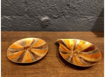 Pair Of Mid Century Enamel On Copper Dishes