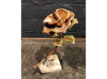 LARGE Brutalist Handmade Metal Rose And Butterfly Sculpture On Quartz