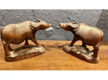 Vintage Hand Carved Water Buffalo Sculptures With Coin Dishes