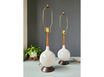 Pair 30' 60s Opaline Style Glass And Walnut Table Lamps.