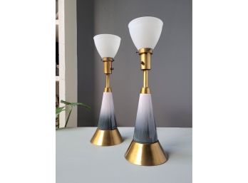 Pair Mid Century Glazed Pottery And Solid Brass Table Lamps