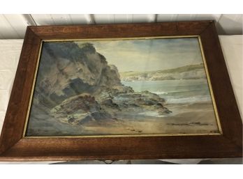 Framed Watercolor Rocky Ridge Ocean Scene Signed Block