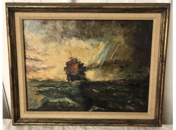 Framed Oil On Canvas Ship Signed And Dated '39