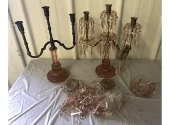 Three Arm Brass And Pink Glass Candelabras