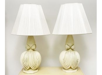 A Pair Of Vintage Modern Cast Lamps With Silk Shades