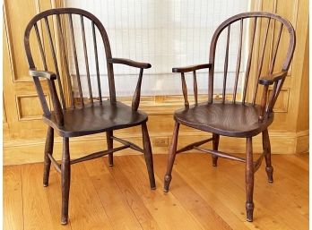 A Pairing Of Vintage English Oak Spindle Back Dining Chairs