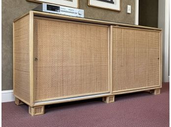 A Vintage Rattan And Woven Fiber Glass Top Console