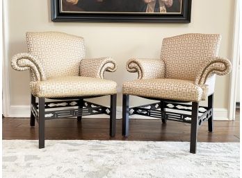 A Pair Of Custom Chinoiserie Arm Chairs In Donghia Print Fabric