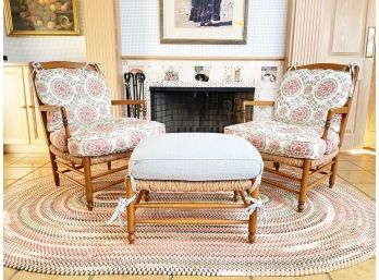 A Country French Inspired Set Of Rush Seated Armchairs And Ottoman By Grange Furniture