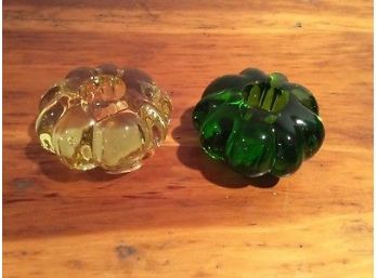 Pair Of Baccarat Crystal Yellow And Green Ribed Candle Holders