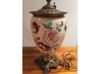 Beautiful 19th Century Handpainted Porcelain Oil Lamp With Flower Design