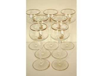 Set Of 7 Gold Rimmed Wine Glasses With A Family Crest