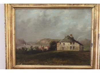 Hudson River Looking South From Cornwall Landscape Oil On Canvas In A Vintage Frame