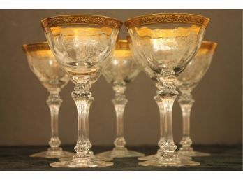 Set Of 7 Etched Gold Rimmed Vintage Wine Glasses