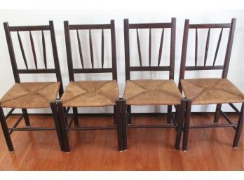 Amazing Set Of 4 Hand Hewn Shaker Style Wooden Spindle Back Dining Chairs With Rush Seats