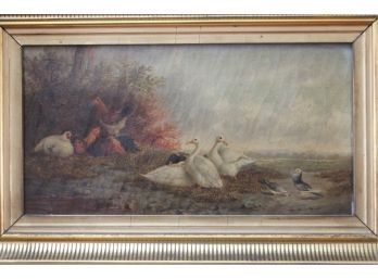 Ducks And Chickens Oil On Canvas Signed Loleb '41 In A Vintage Gilded Frame