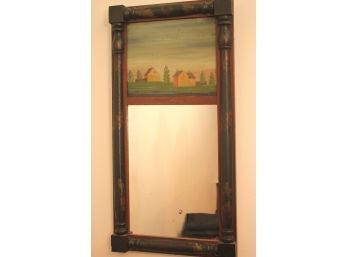 Vintage Hanging Mirror With Reverse Painting In A Handmade Wooden Frame