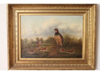 Grouse With Chicks Signed Oil On Canvas By HOWARD HILL Ca. 1860 In A Vintage Gilded Frame