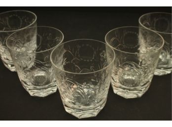 Lot Of 5 Vintage Etched Crystal Glasses