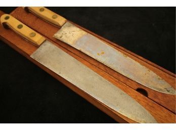 Great Set Of 2 Vintage 16' Knives With Matching Wooden Cases