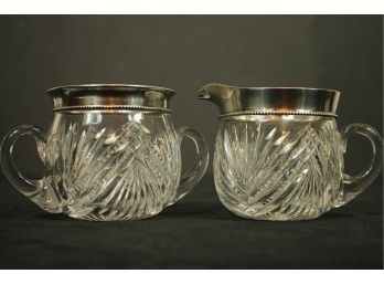 Lot Of Etched Crystal & STERLING SILVER Sugar & Creamer