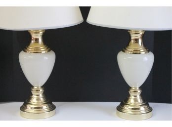 Pair Of Off White Metal & Brass Table Lamps