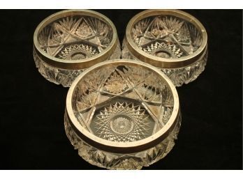 Lot Of 3 Siiver Trimmed Cut Giass Serving Bowis