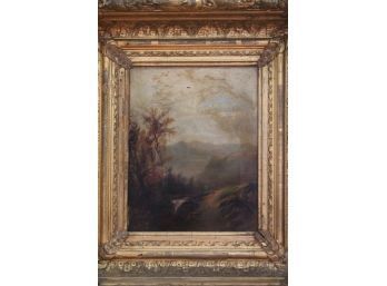 HUDSON RIVER SCHOOL Scene Wih Mountain & Waterfall In An Amazing Gilded Frame Signed E.J.M. June 21 1876