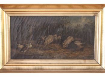 Pigs In Barnyard Signed Oil On Canvas Painting In A Vintage Gilded Frame