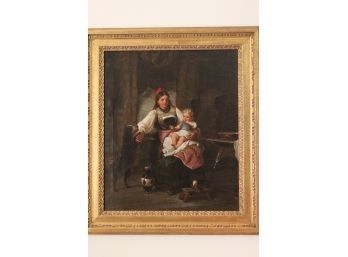 Mother And Child With Dog Oil On Canvas Painting In A Vintage Gilded Frame