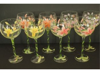 Beautiful Lot Of Vintage Hand Painted Wine Stem Glasses