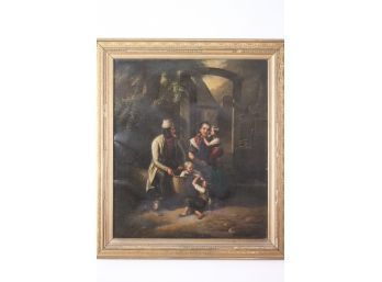 Dutch Family In Courtyard With Three Children In Vintage Gilded Frame