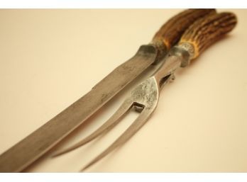 Rare Vintage Antler Handle Cutting Knife & Fork, Signed Smith's From February 6, 1881