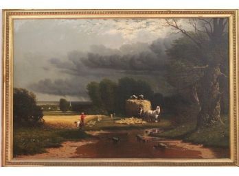 'Hay Wagon With Workers' Signed Oil Painting By Samuel S. Carr In A Gilded Frame & Additional Outer Frame