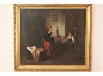 Dutch Woman With Loom With Two Children And Infant Oil On Canvas Painting In A Vintage Gilded Frame