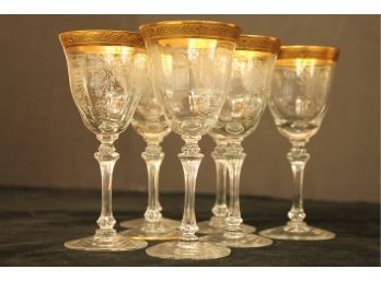 Vintage Etched Crystal Gold Rimmed Sherry  Glasses