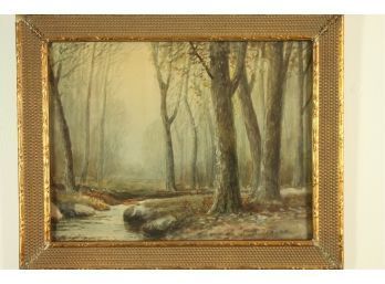 'forest By Stream' Watercolor In A Vintage Gilded Frame Signed R. Claude