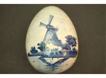 Dutch Egg Shaped Windmill Porcelain DELFTWARE Lidded Trinket Box