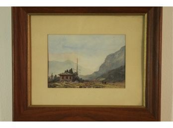 Two People Walking On A  Mountain Road' Framed Watercolor