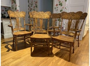 Six Vintage Shin Lee Pressed Back Oak Dining Chairs