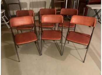 Set Of Six Vintage Leather Cushioned Folding Chairs