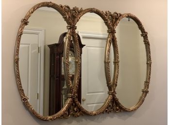 French Hollywood Regency Triptych Triple Interlocking Oval Wall Mirror In Gilt Finish