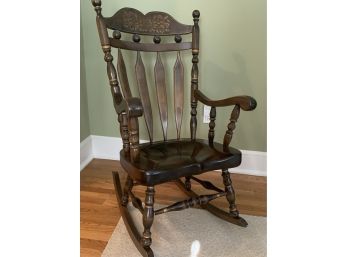 Vintage Wooden Rocking Chair With Spindle Back And Floral Stencil Design