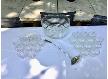 Pressed Glass Punch Bowl With Two Sets Of Twelve Cups And A Beautiful Detailed Metal Ladle