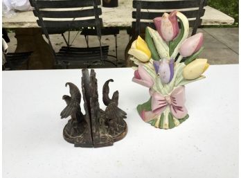 Cast Iron Eagle Bookends And Tulip Doorstop