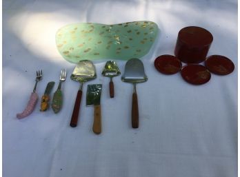 Slag Glass Cheese Board With Tools And Eight Red Lacquer Coasters In Box
