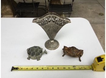 Silverplate Fan Vase, Brass Jewelry Box And Honeycomb Turtle Flower Frog